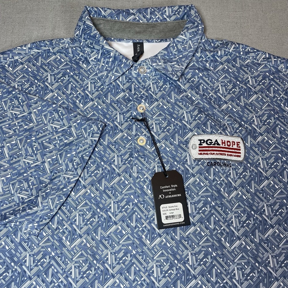NWT Anderson Ord Geometric Print Performance Golf Polo L PGA HOPE LOGO Carolinas